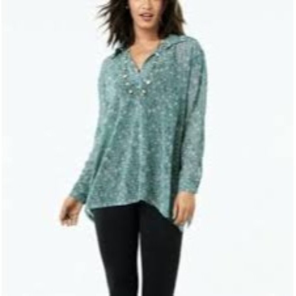 Cabi Women's Long Sleeve Pullover Blouse Teal  Chase Fielf of Flowers Size S